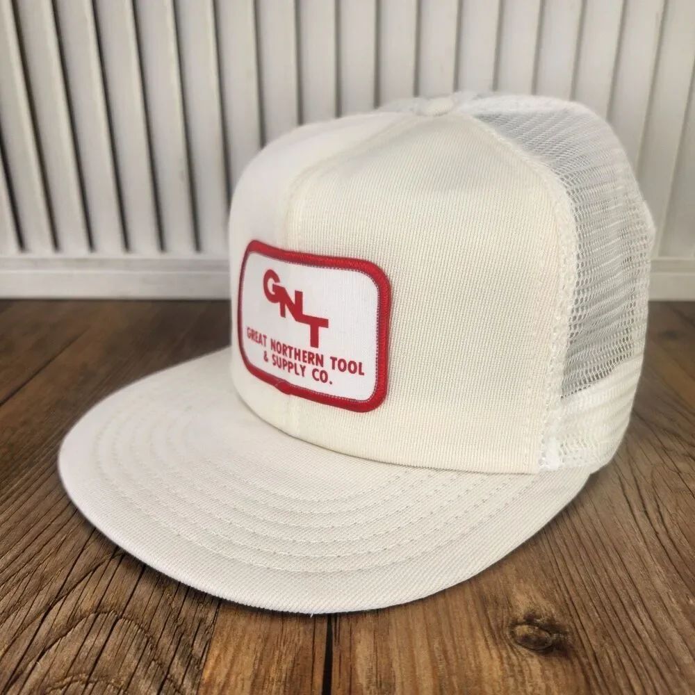 VTG GNT Great Northern Tool & Supply Snapback Farmer Hat Cap White Red Patch USA
